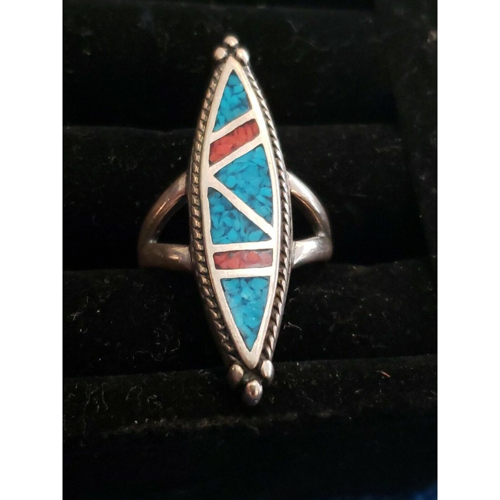 Vintage Sam Arviso Navajo Sterling Silver Turquoise Coral Ring Sz 675 55$